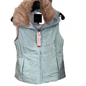 TALBOTS Tiffany Blue Quilted Down Vest w/ Removable Faux Fur Collar Sz. XS NWT